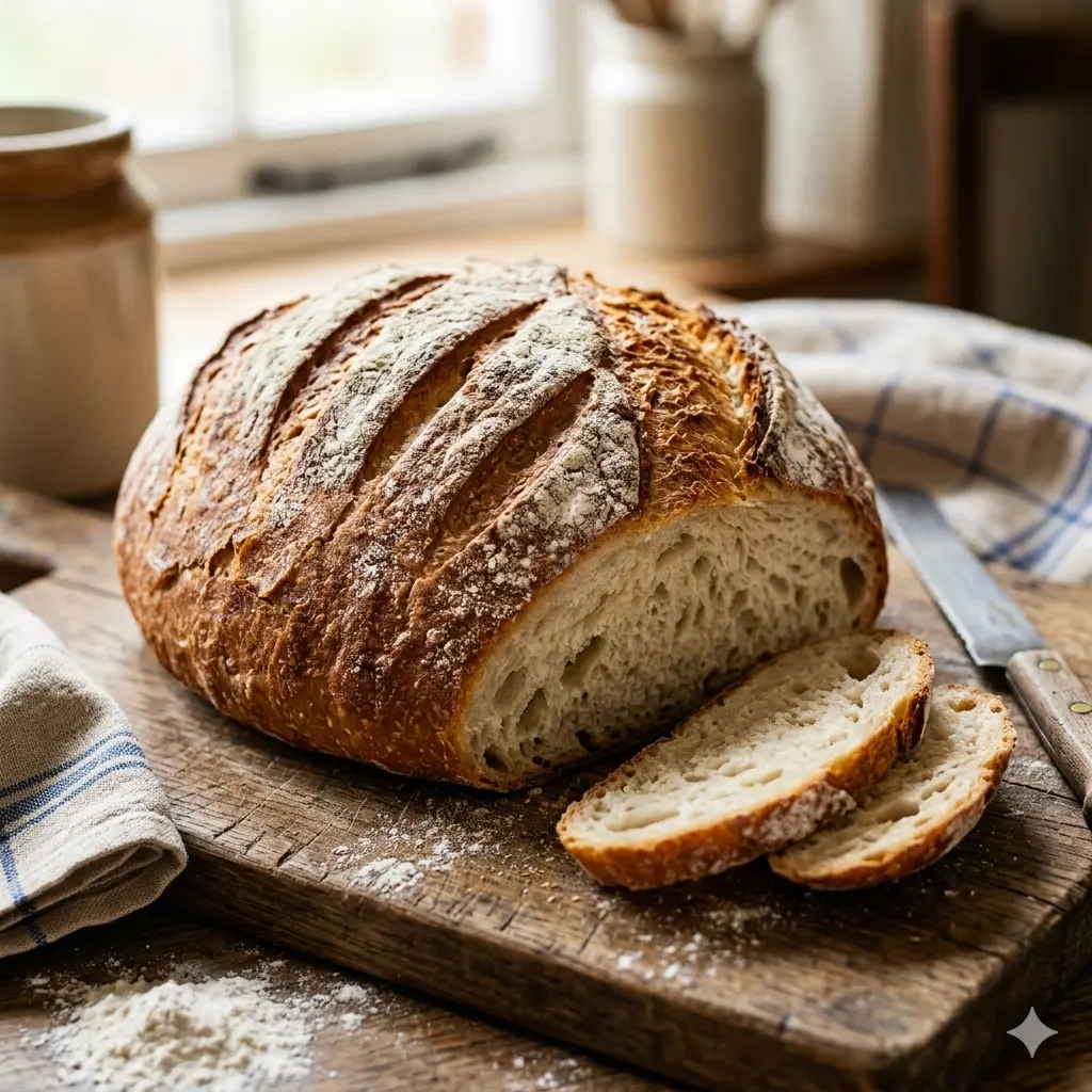 Rustic loaf of freshly baked bread with a crisp, flour-dusted crust, partially sliced on a wooden cutting board beside a knife in a cozy kitchen setting.