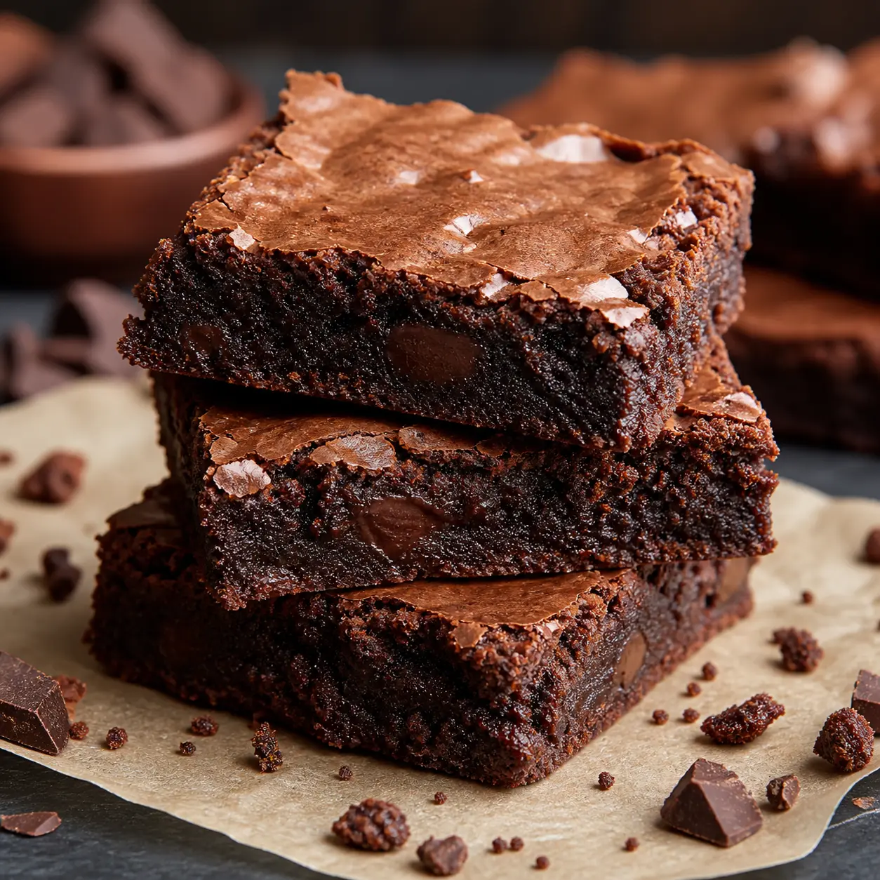 Stack of three fudgy chocolate brownies with a crackly top, showing a rich, gooey interior, placed on parchment paper with scattered chocolate chunks around.