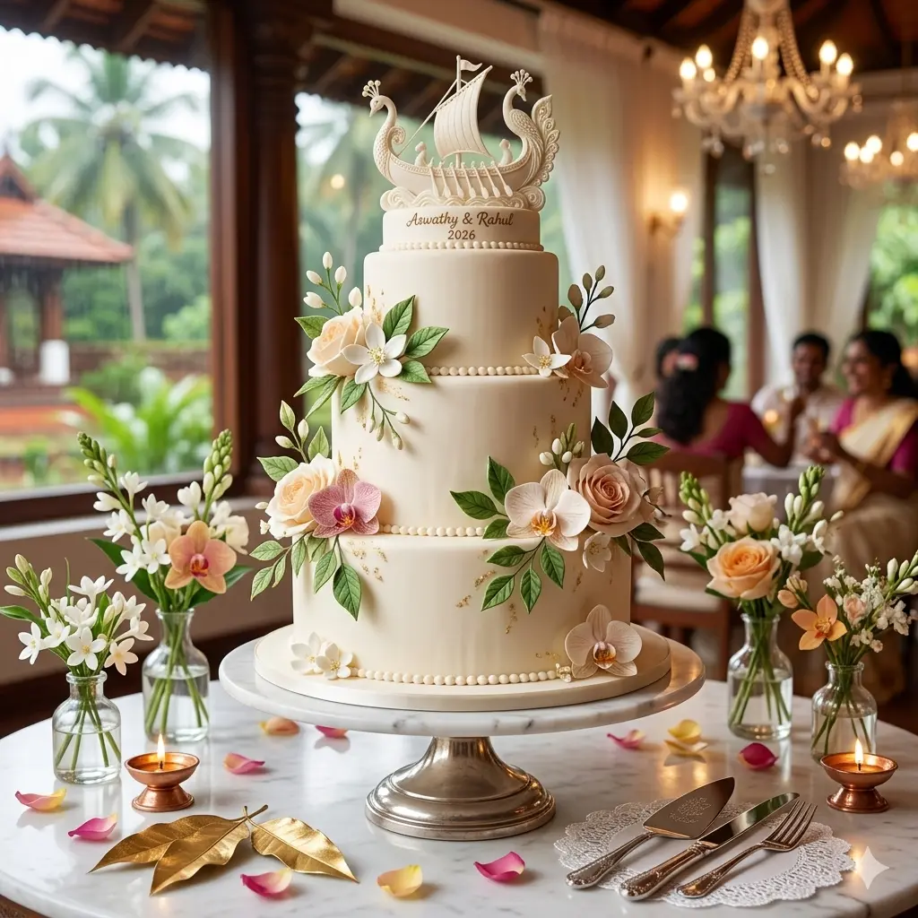 A beautifully decorated wedding cake topped with fresh flowers, set on a table for a celebration.