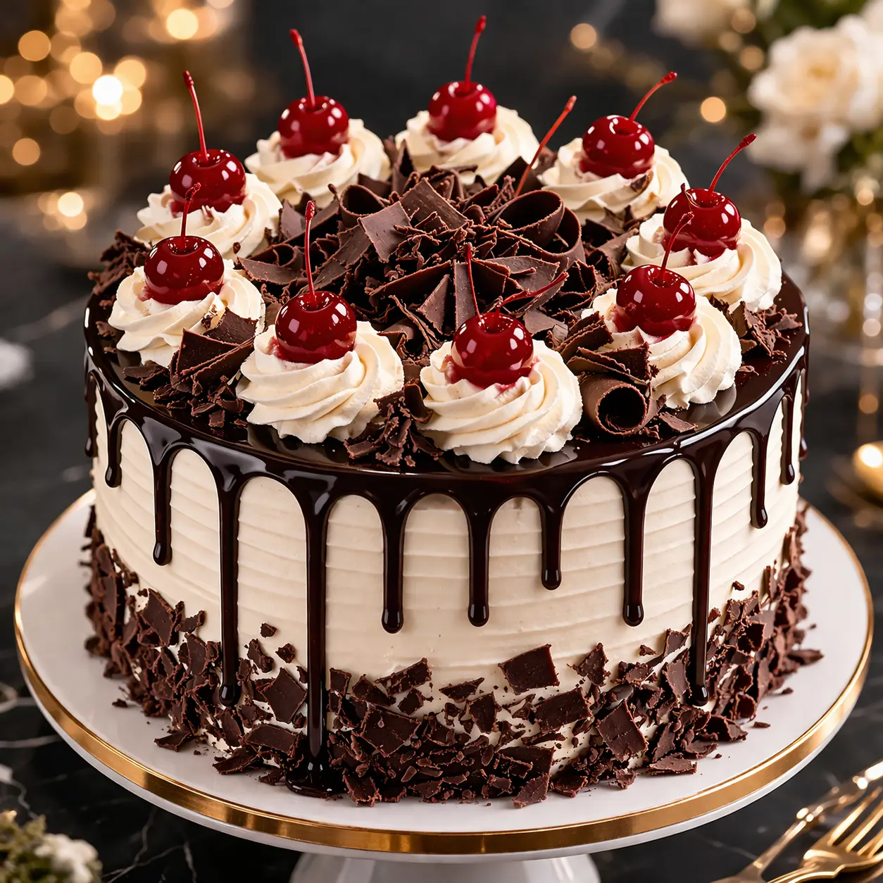 Chocolate drip cake topped with whipped cream swirls, chocolate shavings, and bright red cherries, displayed on a white cake stand against a softly lit background.