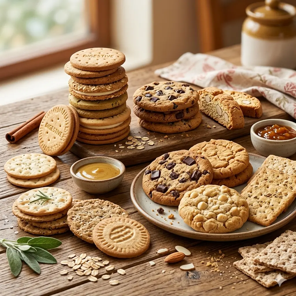 An assortment of cookies and snacks on a table, showcasing sweet treats like brownies, cookies, and crackers.