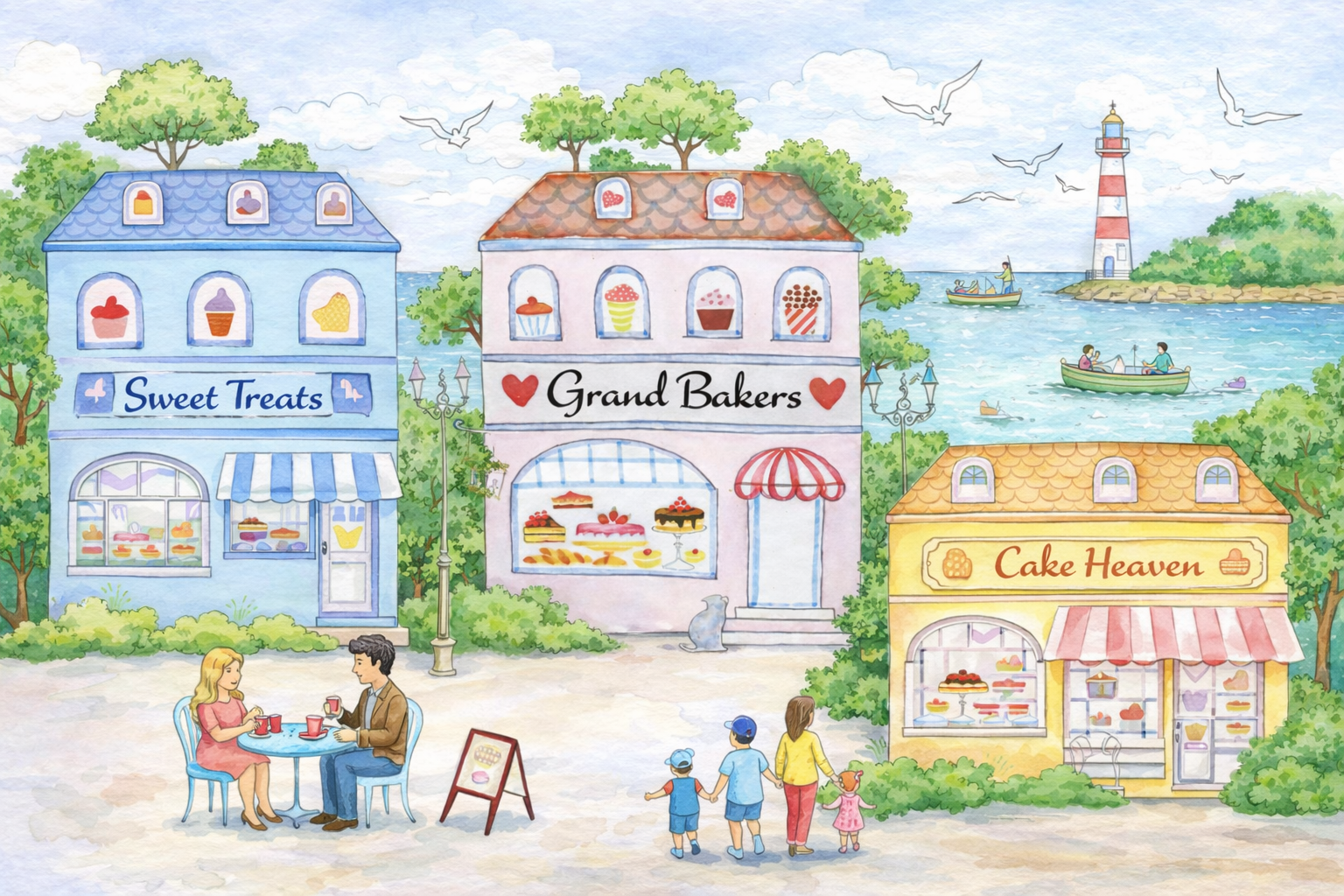 The background features a sparkling turquoise sea with small rowing boats, a red-and-white striped lighthouse on a distant green island, and white seagulls soaring through a soft blue sky. The scene is framed by lush green trees and delicate floral accents, evoking a peaceful, storybook atmosphere.
