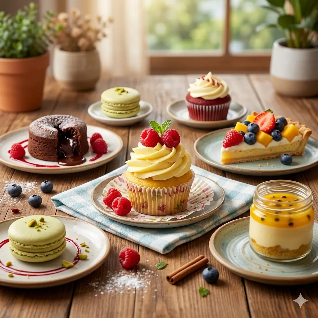 Assorted desserts on a wooden table, including a frosted cupcake topped with raspberries, macarons, a chocolate lava cake, fruit tart, cheesecake jar, and scattered fresh berries in a bright, cozy kitchen setting.