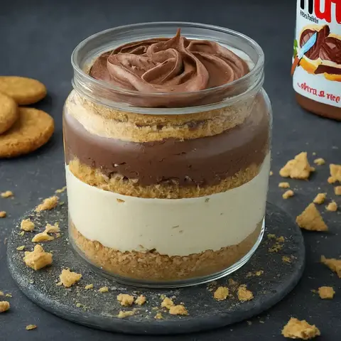 Layered Nutella cheesecake dessert jar with biscuit crumble base, creamy cheesecake filling, rich chocolate spread, and swirled chocolate topping, styled with cookie crumbs and biscuits on a dark stone surface.