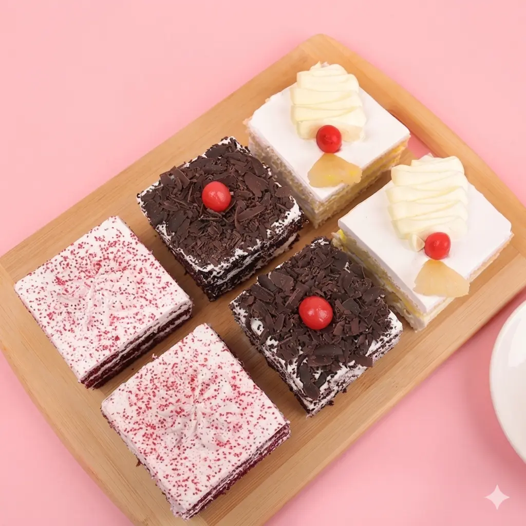 Assorted square pastries on a wooden board, including chocolate-topped cakes with cherries, cream cakes with fruit garnish, and pink sprinkle-covered slices against a pastel pink background.