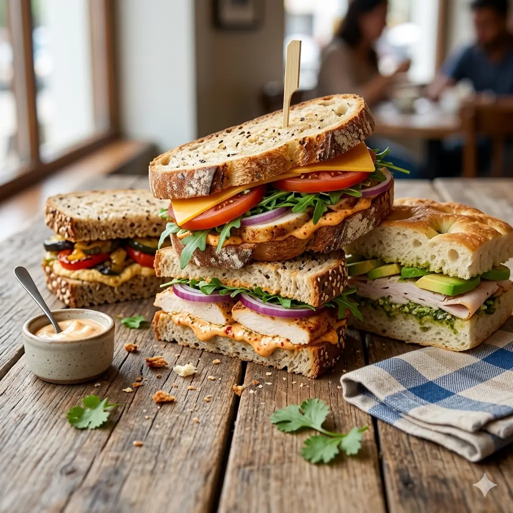 A sandwich resting on a wooden table with a fork beside it, prepared for eating.