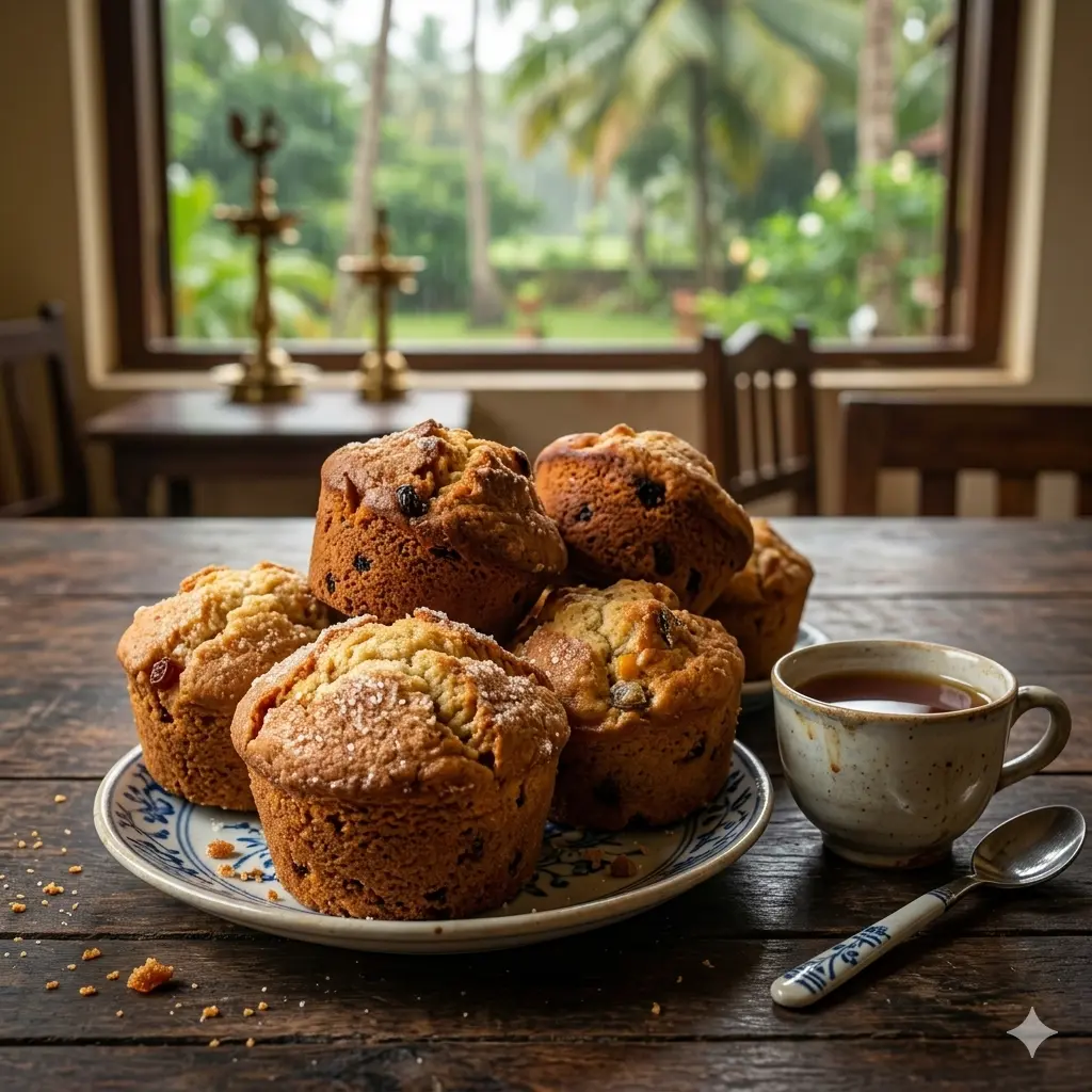 A plate of freshly baked muffins or tea cakes beside a cup of tea and spoon